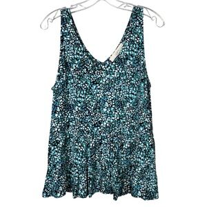 Loft Blue Dot Floral Ruffle Bottom Sleeveless Relaxed Fit Tank Top Rayon Summer